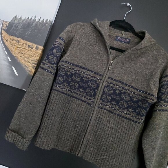 VINTAGE 100% WOOL KAKI & NAVY Zipper Hoodie Knit - Picture 7 of 8